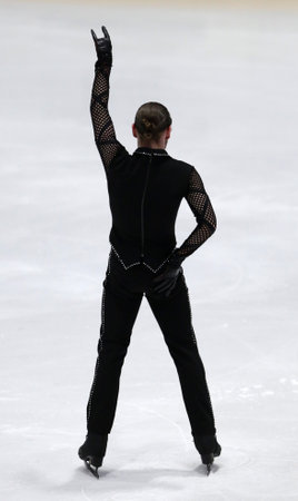 Sofia, Bulgaria - 28 February, 2021: Larry Loupolover of Bulgaria performs during the senior men free skating category of Sofia Trophy International Figure Skating Competition.のeditorial素材