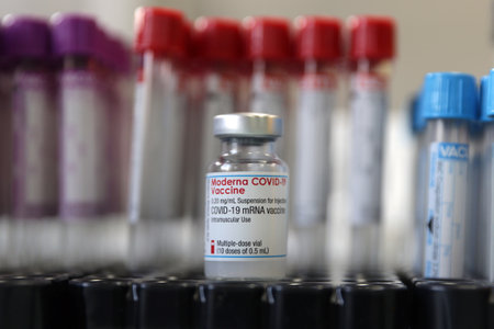 Sofia, Bulgaria - 14 January, 2021: A view of a vial of the Moderna COVID-19 vaccine at the University Obstetrics and Gynecology Hospital âMaichin Domâ before vaccination of medical staff members.のeditorial素材