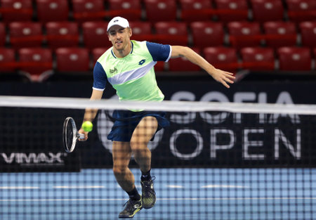 Sofia, Bulgaria - 12 November, 2020: Australia's John Millman in action during his quarter-final match against Canada's Vasek Pospisil during the Sofia Open ATP 250 tennis tournament.のeditorial素材
