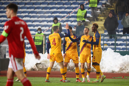 Sofia, Bulgaria - 9 December, 2021: Teammates of AS Roma celebrate after scoring against CSKA Sofia during the UEFA Europa Conference League group C soccer match between CSKA Sofia and AS Roma.のeditorial素材