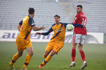 Sofia, Bulgaria - 9 December, 2021: Kaloyan Krastev of CSKA Sofia (R) in action against players of AS Roma during the UEFA Europa Conference League group C soccer match between CSKA Sofia and AS Roma.のeditorial素材