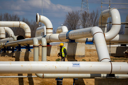 Komotini, Greece - 21 March, 2022: Worker is seen working near the construction site of the interconnected IGB natural gas transmission pipeline, starting at Komotini, Greece and ending at Stara Zagora, Bulgaria.のeditorial素材