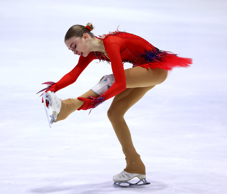Sofia, Bulgaria - 5 February, 2022: Alexandra Feigin of Bulgaria performs during the senior ladies free skating category of Sofia Trophy 2022 International Figure Skating Competition.のeditorial素材