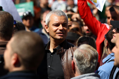 Sofia, Bulgaria - 6 April, 2022: Kostadin Kostadinov (C) is seen during an anti-government demonstration and a protest in support of Russia in front of the Bulgarian Parliament.のeditorial素材
