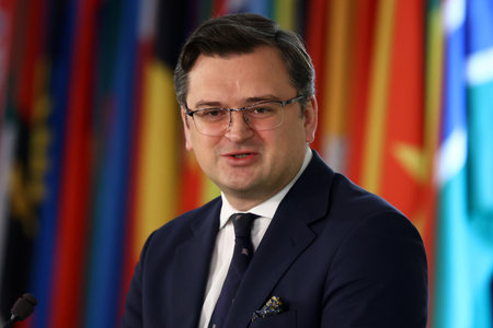Sofia, Bulgaria - 19 April, 2022: Ukrainian Foreign Minister Dmytro Kuleba participates in a press conference after meeting his Bulgarian counterpart Teodora Genchovska.のeditorial素材