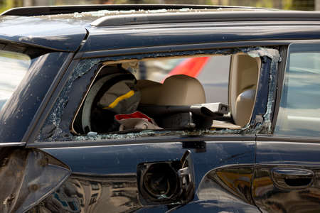 A car is seen on the road after a crash.の写真素材