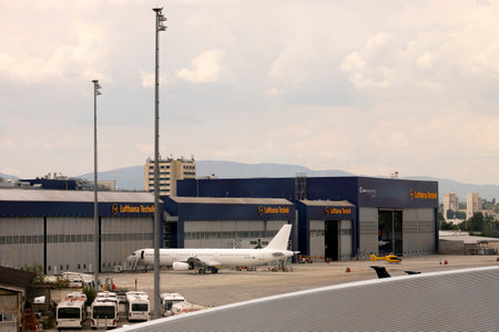 Sofia, Bulgaria - 4 August, 2022: Lufthansa Technik Sofia (LTSF) hangars are seen at Sofia Airport.のeditorial素材