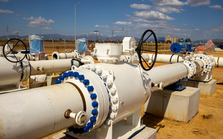 Construction site of an interconnected natural gas transmission pipeline. Highly integrated network...