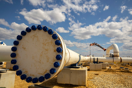 Construction site of an interconnected natural gas transmission pipeline. Highly integrated network that moves natural gas. Connection point between the transmission company and the receiving party.の写真素材