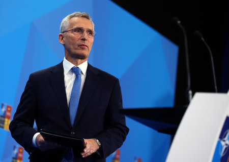 Madrid, Spain - 29 June, 2022: NATO Secretary General Jens Stoltenberg speaks at a press conference during a NATO summit in Madrid, Spain.のeditorial素材