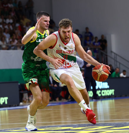 Samokov, Bulgaria - 1 July, 2022: Aleksandar Vezenkov (R) from Bulgaria is seen in action during the FIBA Basketball World Cup 2023 European Qualifiers against Lithuania.のeditorial素材