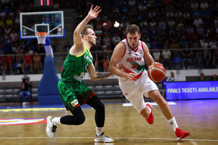 Samokov, Bulgaria - 1 July, 2022: Aleksandar Vezenkov (R) from Bulgaria is seen in action during the FIBA Basketball World Cup 2023 European Qualifiers against Lithuania.のeditorial素材