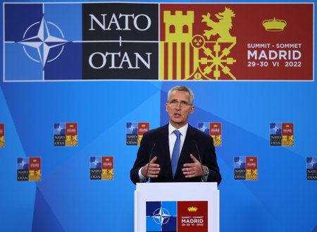 Madrid, Spain - 29 June, 2022: NATO Secretary General Jens Stoltenberg speaks at a press conference during a NATO summit in Madrid, Spain.のeditorial素材