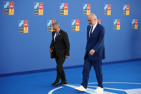 Spain, Madrid - 30 June, 2022: Albania's Prime Minister Edi Rama (R) attends the NATO summit in Madrid, Spain.のeditorial素材
