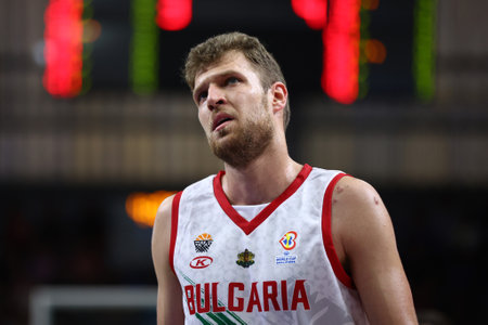 Samokov, Bulgaria - 1 July, 2022: Aleksandar Vezenkov from Bulgaria is seen in action during the FIBA Basketball World Cup 2023 European Qualifiers against Lithuania.のeditorial素材