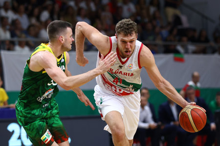 Samokov, Bulgaria - 1 July, 2022: Aleksandar Vezenkov (R) from Bulgaria is seen in action during the FIBA Basketball World Cup 2023 European Qualifiers against Lithuania.のeditorial素材