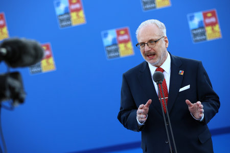 Spain, Madrid - 29 June, 2022: Latvian President Egils Levits speaks to the media at the NATO summit in Madrid, Spain.のeditorial素材
