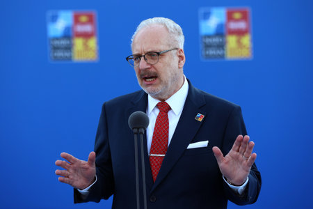 Spain, Madrid - 29 June, 2022: Latvian President Egils Levits speaks to the media at the NATO summit in Madrid, Spain.のeditorial素材