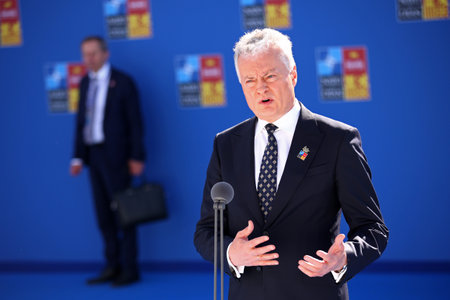 Spain, Madrid - 30 June, 2022: Lithuanian President Gitanas Nauseda speaks to the media at the NATO summit in Madrid, Spain.のeditorial素材