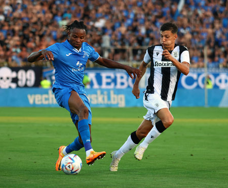 Sofia, Bulgaria - 21 July, 2022: Jeremy Arnaud Petris of Levski (L) is seen in action against Nicolas Quagliata Platero of Paok during the UEFA Europa Conference League qualification soccer match between Levski Sofia and PAOK FC.のeditorial素材