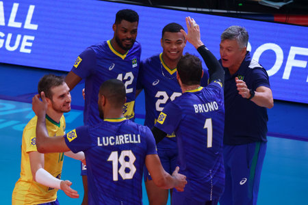 Sofia, Bulgaria - 4 July, 2022: Brazil's coach Renan dal Zotto (R) is seen during a Volleyball World Championship group stage match between Bulgaria and Brazil.のeditorial素材