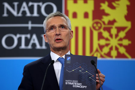 Madrid, Spain - 29 June, 2022: NATO Secretary General Jens Stoltenberg speaks at a press conference during a NATO summit in Madrid, Spain.のeditorial素材