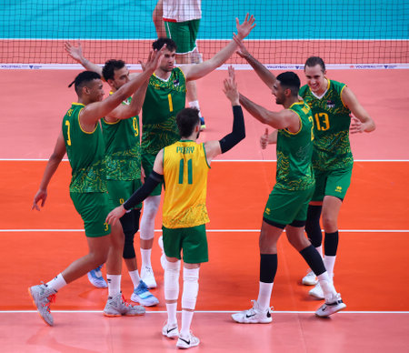 Sofia, Bulgaria - 24 June, 2022: Team of Australia is seen celebrating during a Volleyball World Championship group stage match between Bulgaria and Australia.のeditorial素材