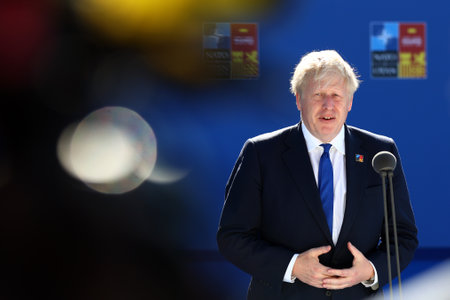 Spain, Madrid - 29 June, 2022: British Prime Minister Boris Johnson speaks to the media at the NATO summit in Madrid, Spain.のeditorial素材