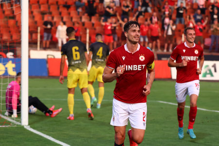 Sofia, Bulgaria - 28 July, 2022: Jurgen Mattheij from CSKA Sofia celebrates after scoring during the UEFA Europa Conference League qualification soccer match between CSKA Sofia and Makedonija GP.のeditorial素材
