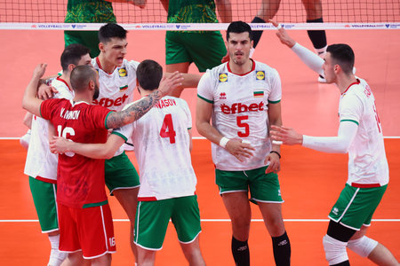 Sofia, Bulgaria - 24 June, 2022: Team of Bulgaria is seen celebrating during a Volleyball World Championship group stage match between Bulgaria and Australia.のeditorial素材