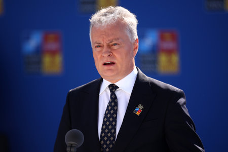 Spain, Madrid - 30 June, 2022: Lithuanian President Gitanas Nauseda speaks to the media at the NATO summit in Madrid, Spain.のeditorial素材