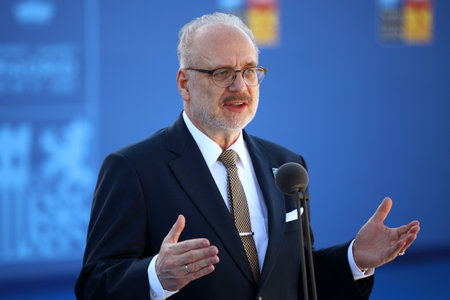 Spain, Madrid - 30 June, 2022: Latvian President Egils Levits speaks to the media at the NATO summit in Madrid, Spain.のeditorial素材