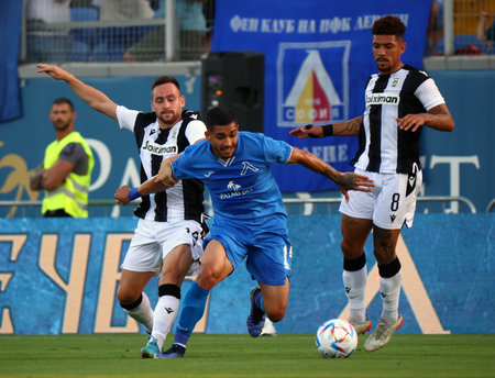 Sofia, Bulgaria - 21 July, 2022: Bilal Bari of Levski (C) is seen in action during the UEFA Europa Conference League qualification soccer match between Levski Sofia and PAOK FC.のeditorial素材
