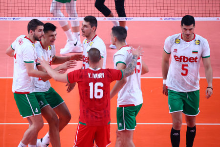 Sofia, Bulgaria - 24 June, 2022: Team of Bulgaria is seen celebrating during a Volleyball World Championship group stage match between Bulgaria and Australia.のeditorial素材