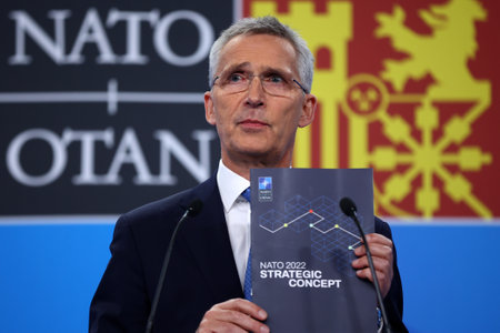 Madrid, Spain - 29 June, 2022: NATO Secretary General Jens Stoltenberg speaks at a press conference during a NATO summit in Madrid, Spain.のeditorial素材