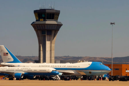 Madrid, Spain - 28 June, 2022: Air Force One, the airplane of the US President, is seen landed on Torrejon Air Base. Spain hosted a NATO summit from 28 to 30 of June.のeditorial素材
