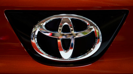 Sofia, Bulgaria - 3 June, 2022: Close-up of Toyota logo is seen on a car at Sofia Motor Show.のeditorial素材