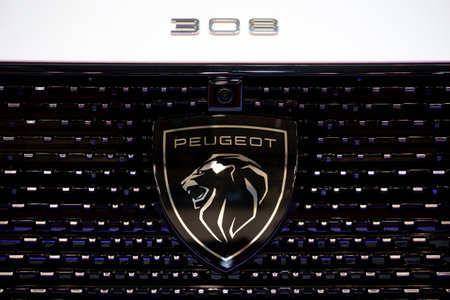 Sofia, Bulgaria - 3 June, 2022: Close-up of Peugeot 308 logo is seen at Sofia Motor Show.のeditorial素材
