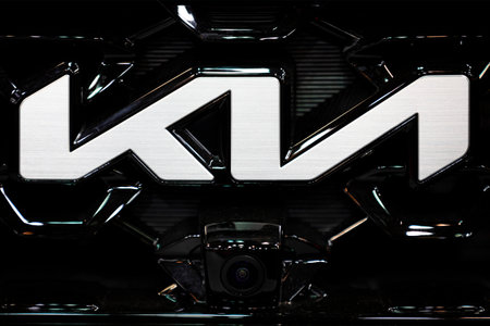 Sofia, Bulgaria - 3 June, 2022: Close-up of Kia logo is seen on a car at Sofia Motor Show.のeditorial素材