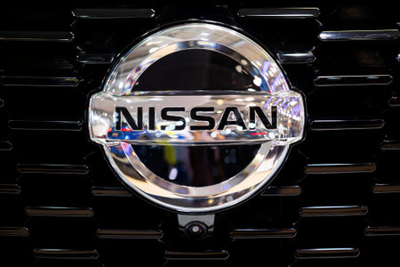 Sofia, Bulgaria - 3 June, 2022: Close-up of Nissan logo is seen at Sofia Motor Show.のeditorial素材