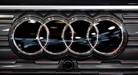 Sofia, Bulgaria - 3 June, 2022: Close-up of Audi logo is seen on a car at Sofia Motor Show.のeditorial素材