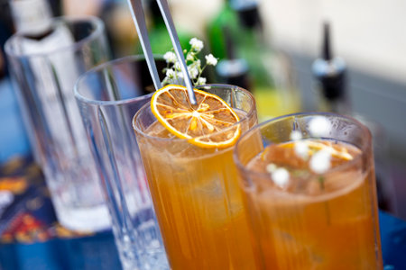 Brandy cocktails with dried lemon and ice.の写真素材