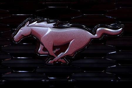 Sofia, Bulgaria - 3 June, 2022: Close-up of Mustang logo is seen on a car at Sofia Motor Show.のeditorial素材