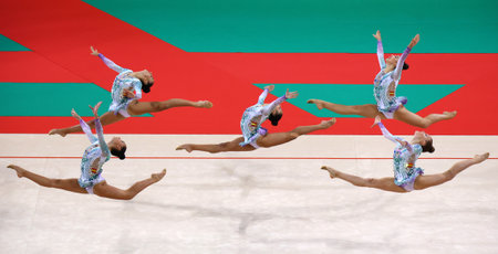 Sofia, Bulgaria - 16 September, 2022: Members of team Spain in action with 5 hoops during the 39th FIG Rhythmic Gymnastics World Championships.のeditorial素材