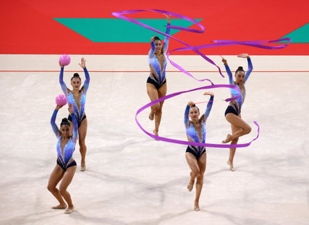 Sofia, Bulgaria - 16 September, 2022: Members of team Armenia in action with 2 balls and 3 ribbons during the 39th FIG Rhythmic Gymnastics World Championships.のeditorial素材