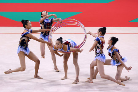 Sofia, Bulgaria - 18 September, 2022: Members of team Japan in action with 5 hoops during the 39th FIG Rhythmic Gymnastics World Championships.のeditorial素材