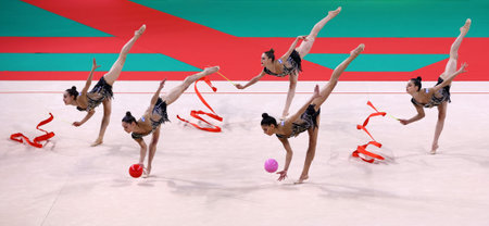 Sofia, Bulgaria - 18 September, 2022: Members of team Israel in action with 3 ribbons and 2 balls during the 39th FIG Rhythmic Gymnastics World Championships.のeditorial素材