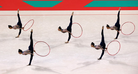 Sofia, Bulgaria - 16 September, 2022: Members of team Georgia in action with 5 hoops during the 39th FIG Rhythmic Gymnastics World Championships.のeditorial素材