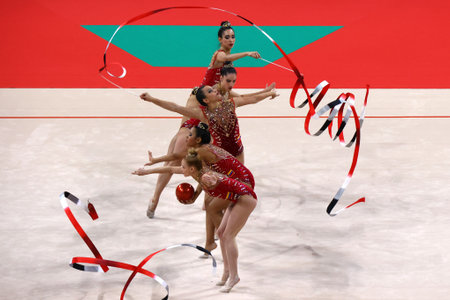 Sofia, Bulgaria - 16 September, 2022: Members of team Venezuela in action with 2 balls and 3 ribbons during the 39th FIG Rhythmic Gymnastics World Championships.のeditorial素材
