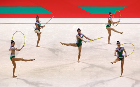Sofia, Bulgaria - 16 September, 2022: Members of team Korea in action with 5 hoops during the 39th FIG Rhythmic Gymnastics World Championships.のeditorial素材